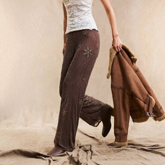 Brown Boho Women's Seaside Trousers with Floral Sequins - Picture 3 of 7